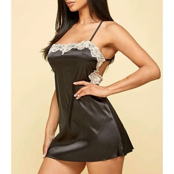 Elegant Black Lace Trim Chemise Slip Dress - Picture 2 of 3